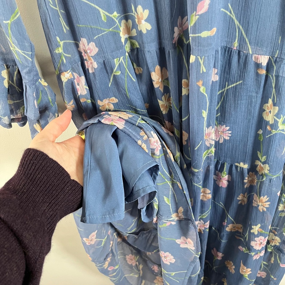 Patrons Of Peace Floral Tiered Maxi Dress Long Sleeve Blue Lined Womens XS Boho - Picture 4 of 6